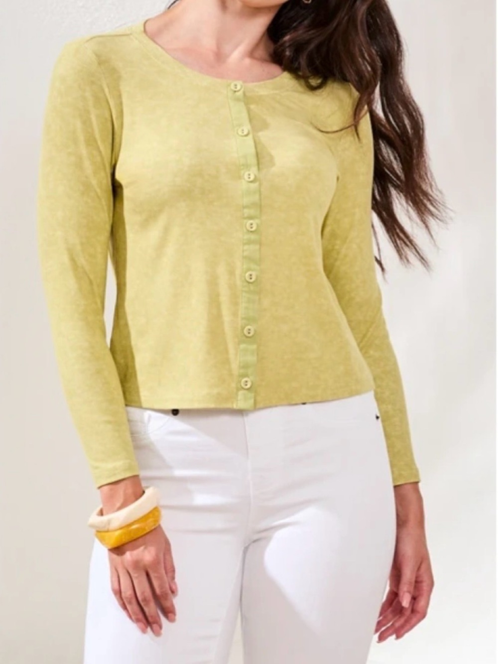 Tribal Light Green Button-Front Long Sleeve Cardigan Top